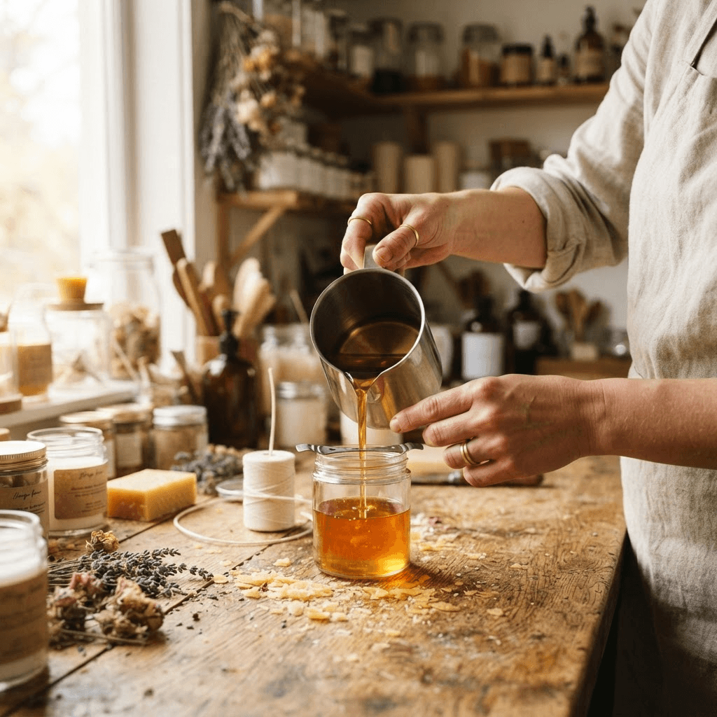 Molten golden beeswax being poured into a glass jar in a sunlit workshop