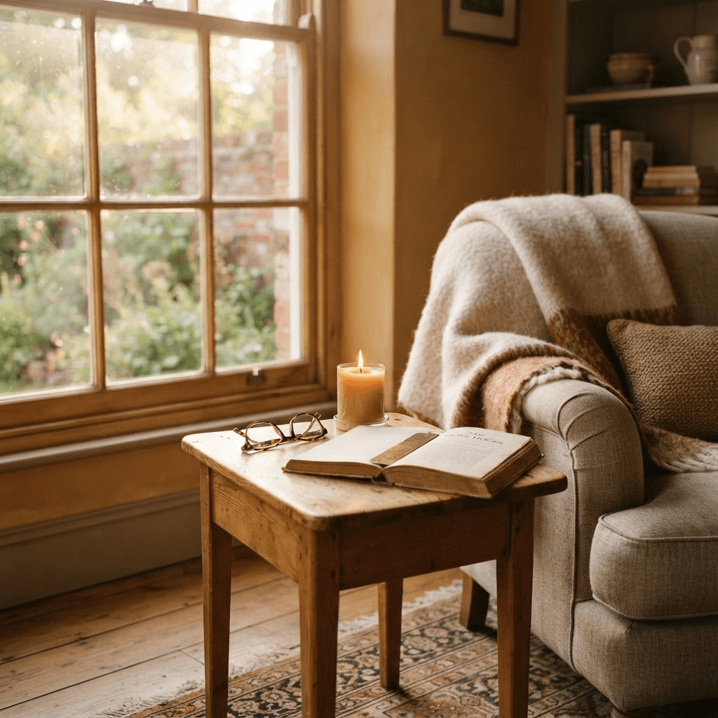 A lit beeswax candle on a wooden side table in a cozy, sunlit living room